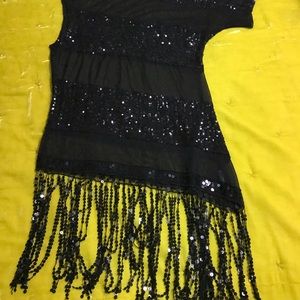 Black one-sleeved sequence and mesh top